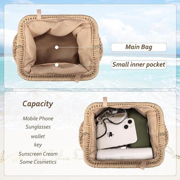 Tan Straw Clutch Handbags Women Woven Dumpling Purse Crossbody Shoulder Bag - Picture 5 of 6